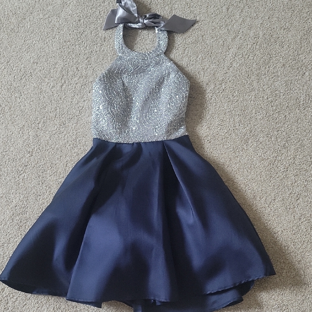 B Darlin Silver Blue Embellished Halter Dress